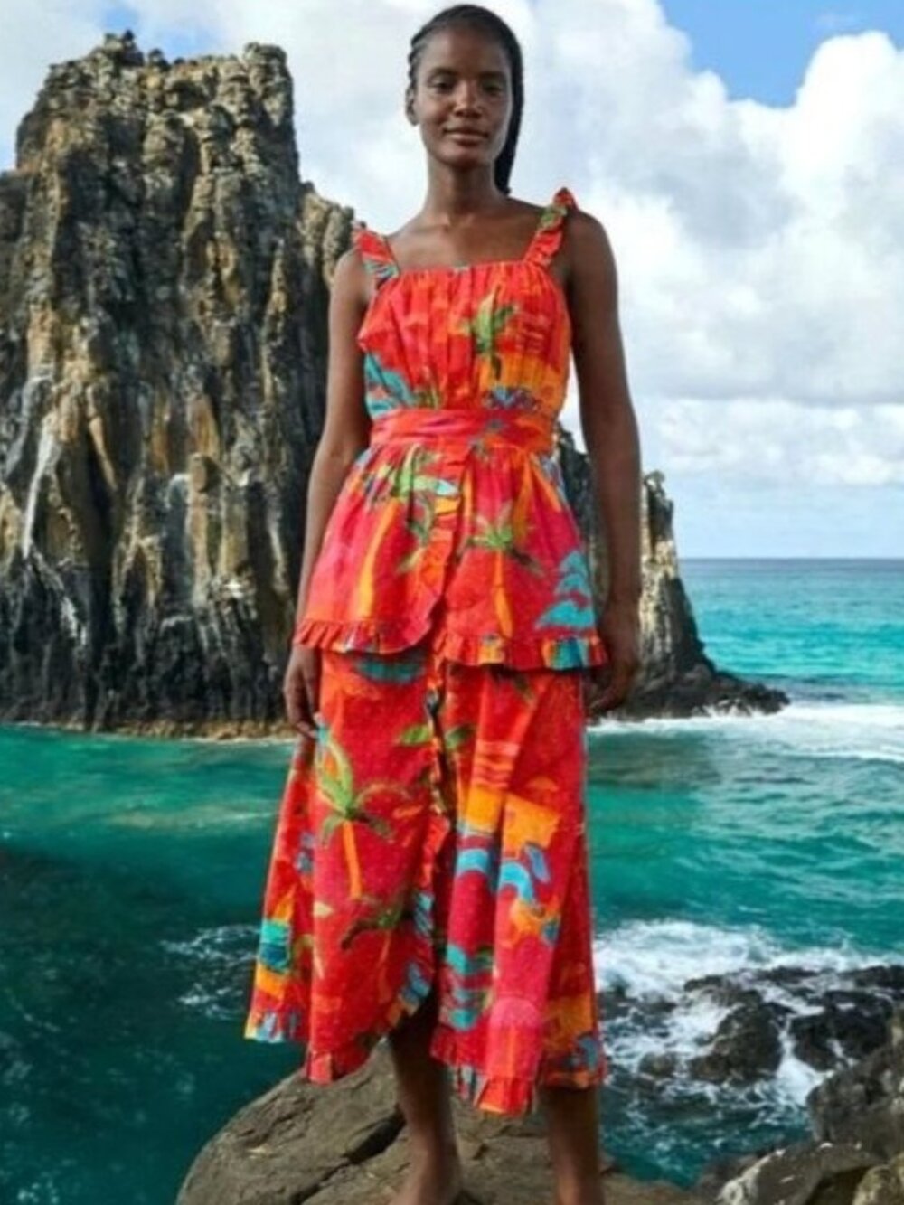 FARM Rio Red Ipanema Midi Dress Ruffle M  Tropical Resortwear